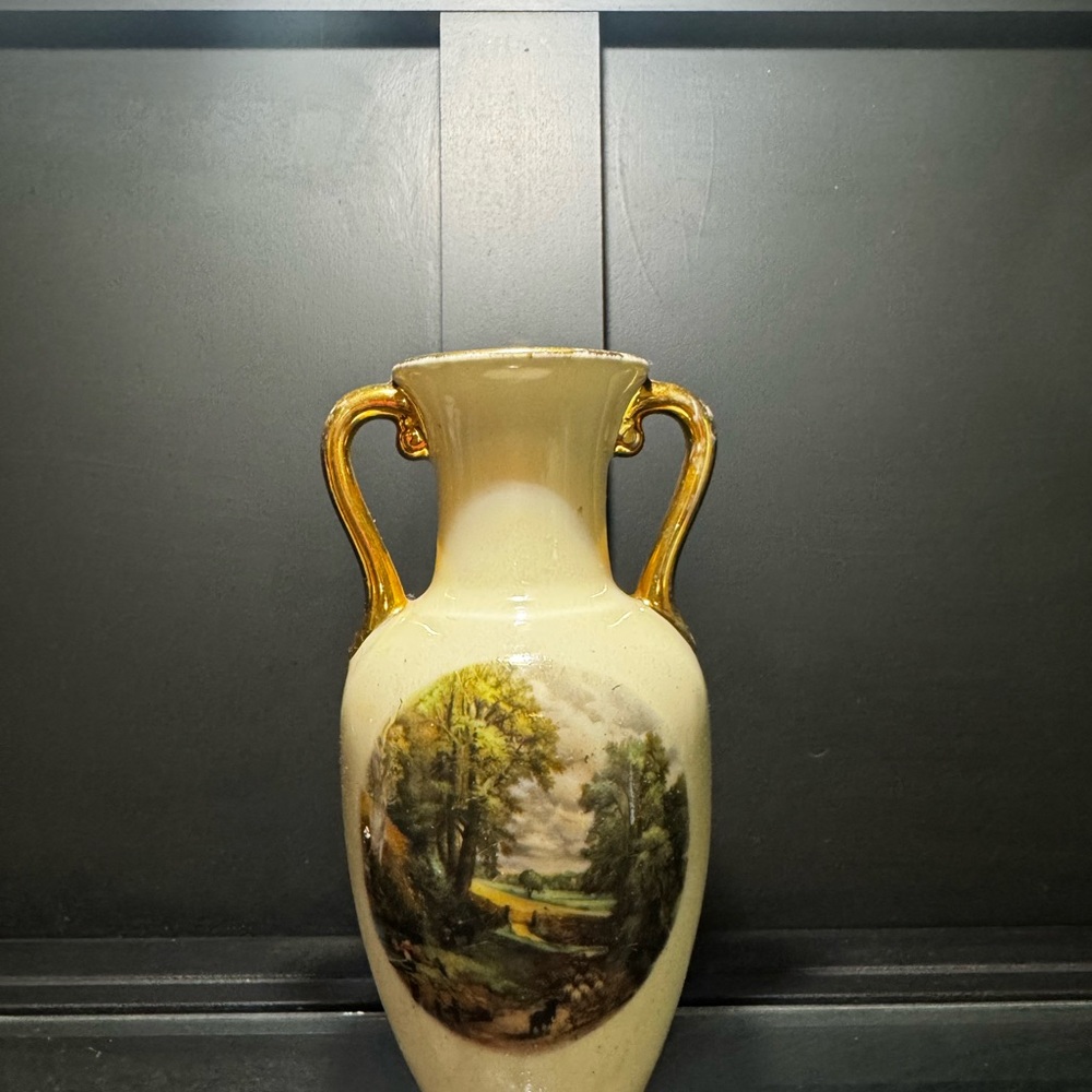 Small Elegant Cream Vase with Gold Handles